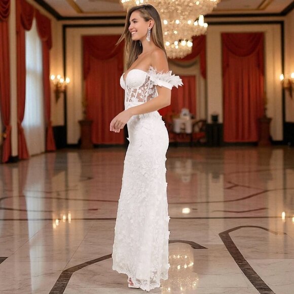 Lulus Midnight Sparkle White Embroidered Feather Bustier Maxi Dress Size Medium - Picture 2 of 11